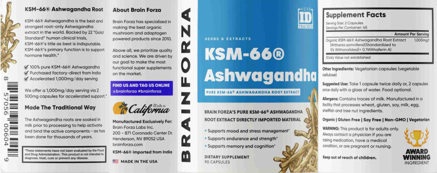 Official label of Brain Forza KSM-66 Ashwagandha (NIH DSLD #318009)