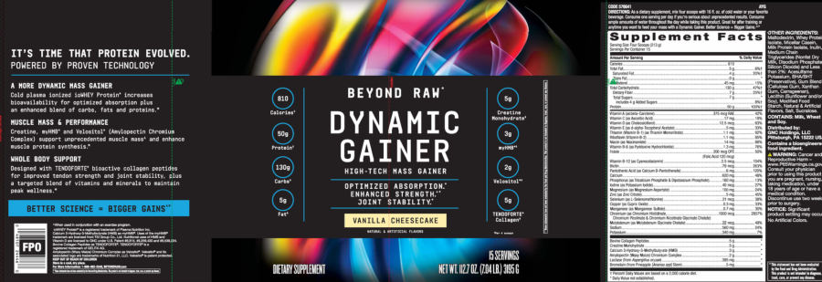 Official label of GNC Beyond Raw Dynamic Gainer Vanilla Cheesecake (NIH DSLD #318103)