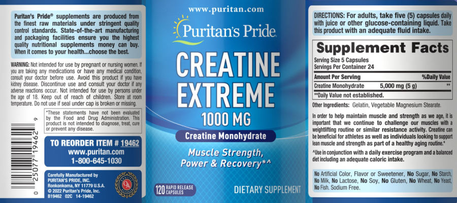 Official label of Puritan's Pride Creatine Extreme Caps 1000 mg (NIH DSLD #318120)