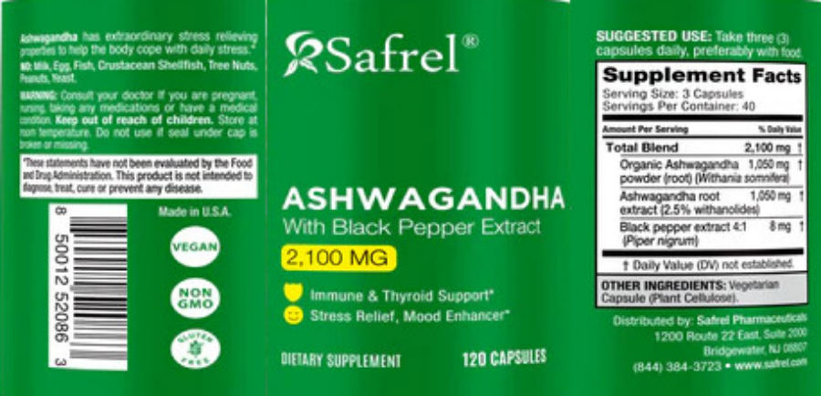 Official label of Safrel Ashwagandha 2,100 mg (NIH DSLD #318379)