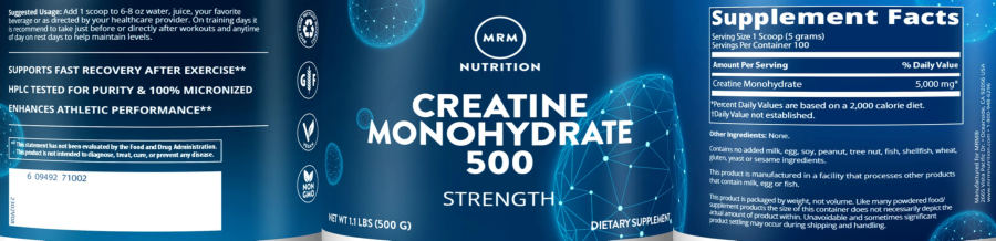 Official label of MRM Nutrition Creatine Monohydrate 500 (NIH DSLD #319075)