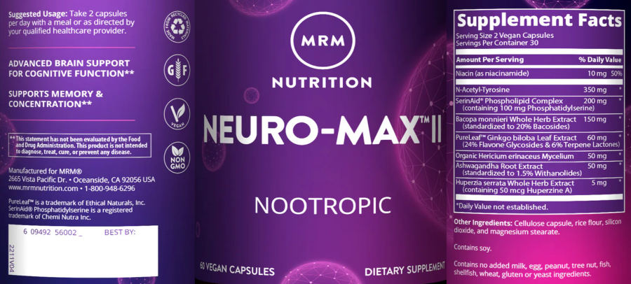 Official label of MRM Nutrition Neuro-Max II (NIH DSLD #319103)