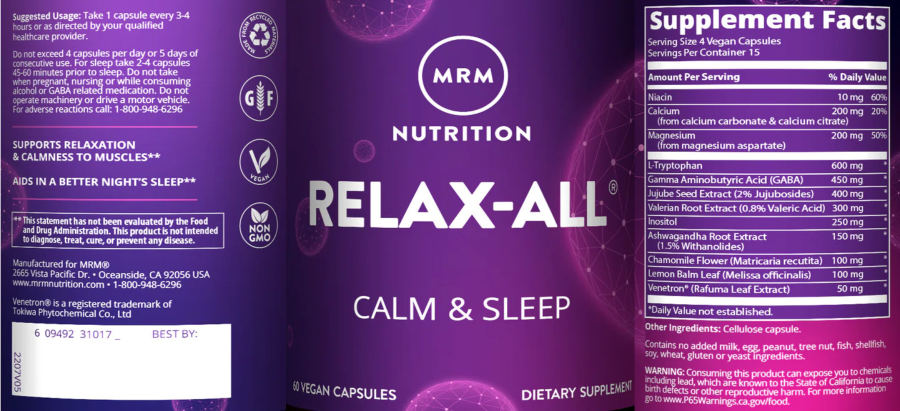 Official label of MRM Nutrition Relax-ALL (NIH DSLD #319108)
