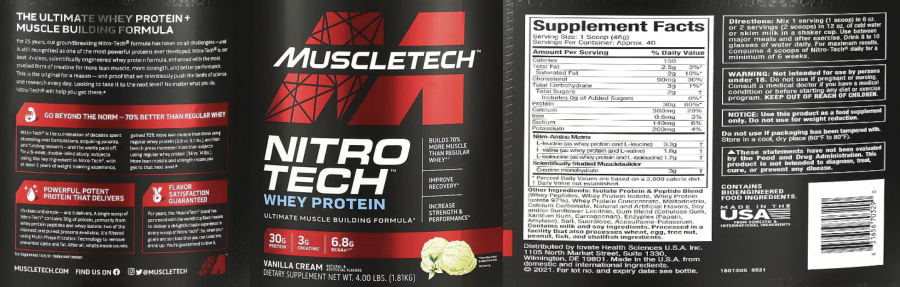 Official label of MuscleTech Nitro Tech Vanilla Cream (NIH DSLD #319638)