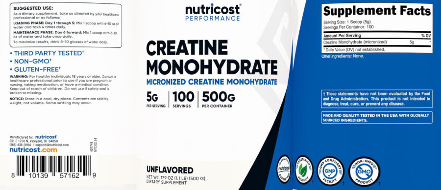 Official label of Nutricost Performance Creatine Monohydrate 5g Unflavored (NIH DSLD #319643)