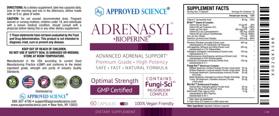 Official label of Approved Science Adrenasyl +BioPerine (NIH DSLD #319713)