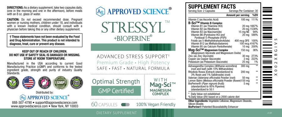 Official label of Approved Science Stressyl +BioPerine (NIH DSLD #319823)