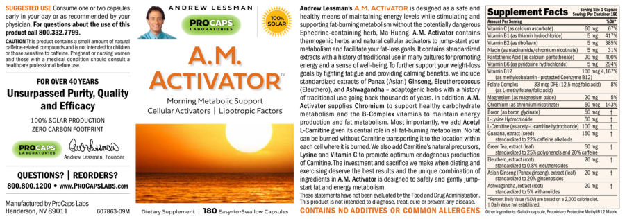 Official label of ProCaps Laboratories A.M. Activator (NIH DSLD #320053)