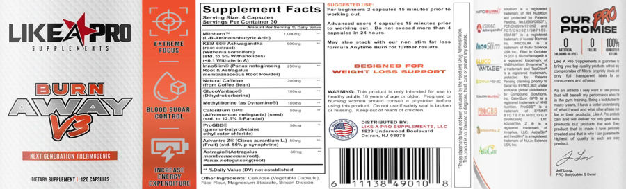 Official label of Like A Pro Supplements Burn Away V3 (NIH DSLD #320086)