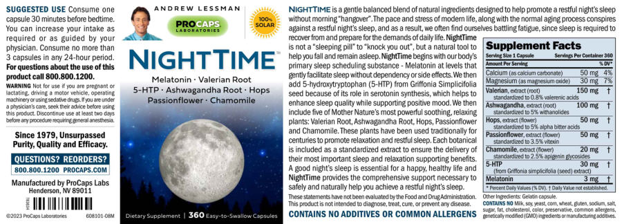 Official label of ProCaps Laboratories NightTime (NIH DSLD #320165)