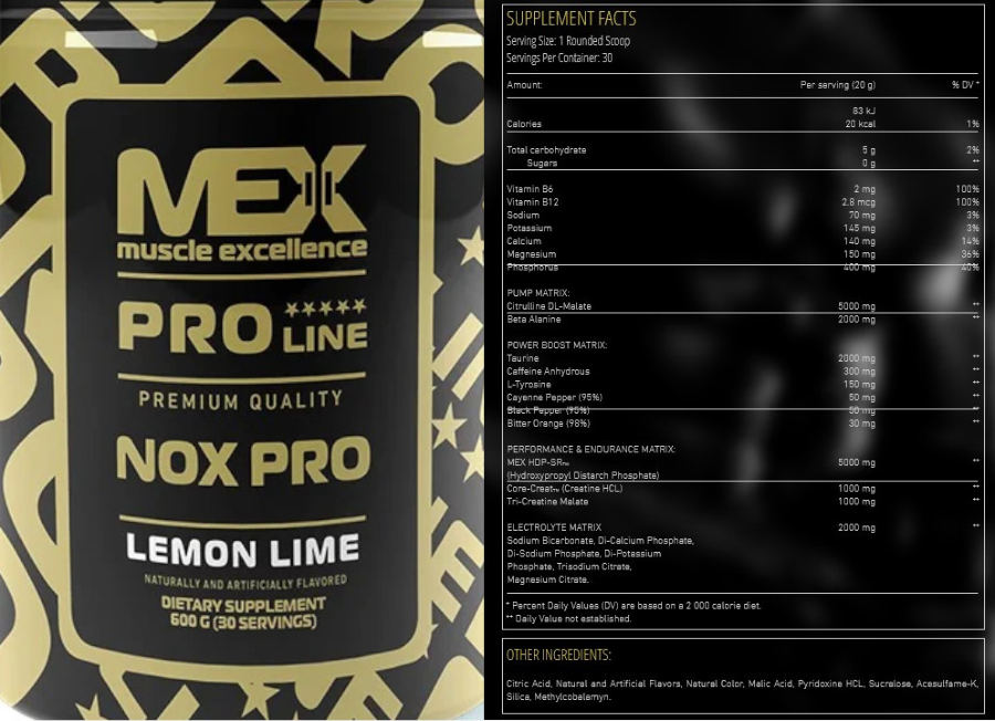Official label of Mex Muscle Excellence Pro Line Nox Pro Lemon Lime (NIH DSLD #320860)
