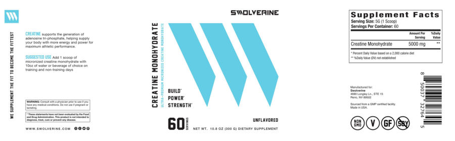 Official label of Swolverine Creatine Monohydrate Unflavored (NIH DSLD #321072)