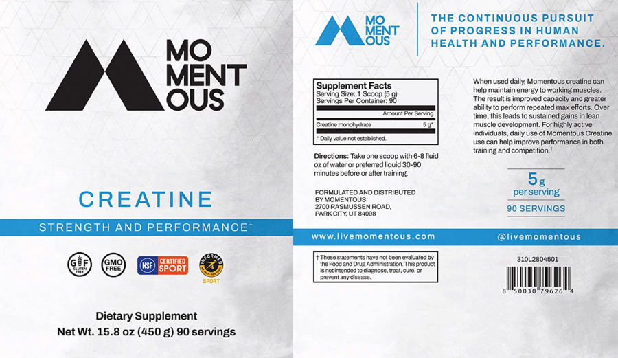 Official label of Momentous Creatine (NIH DSLD #321458)