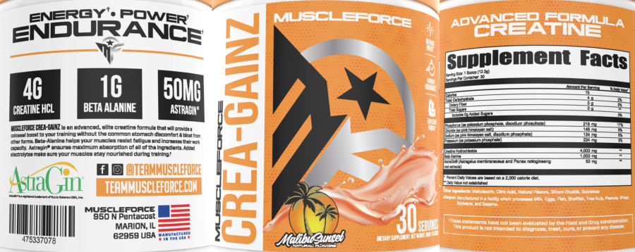 Official label of MuscleForce Crea-Gainz Malibu Sunset (NIH DSLD #321579)