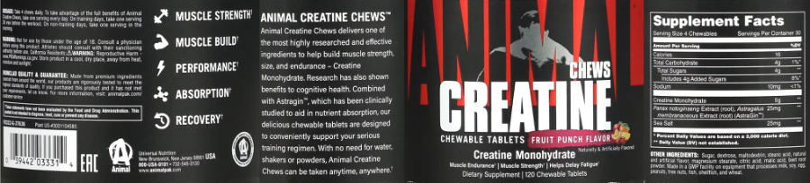 Official label of Animal Animal Creatine Chews Fruit Punch Flavor (NIH DSLD #321642)