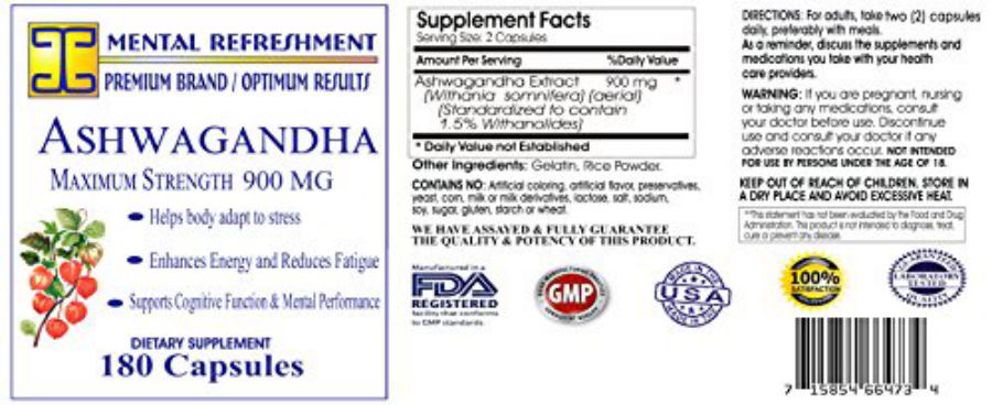 Official label of Mental Refreshment Ashwagandha 900 mg (NIH DSLD #321767)