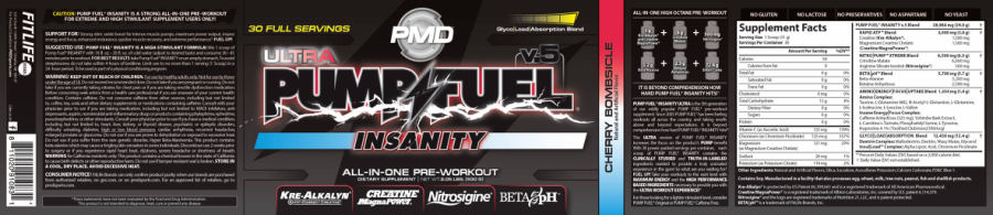 Official label of PMD Ultra Pump Fuel Insanity v.5 Cherry Bombsicle (NIH DSLD #321831)