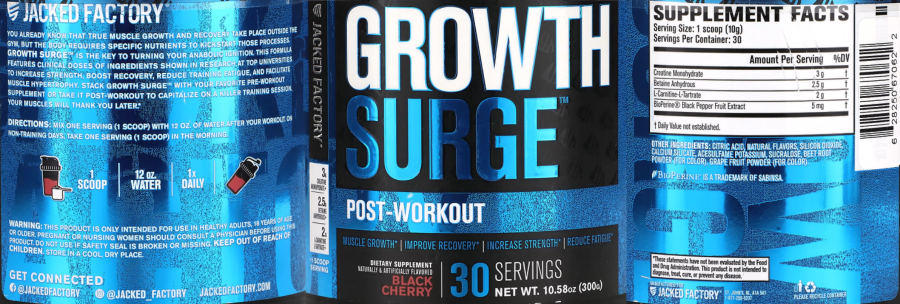 Official label of Jacked Factory Growth Surge Post-Workout Black Cherry (NIH DSLD #322542)