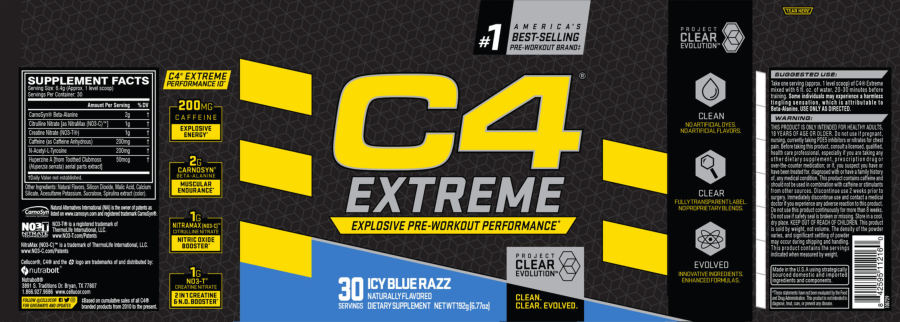 Official label of Cellucor C4 Extreme Icy Blue Razz (NIH DSLD #322569)