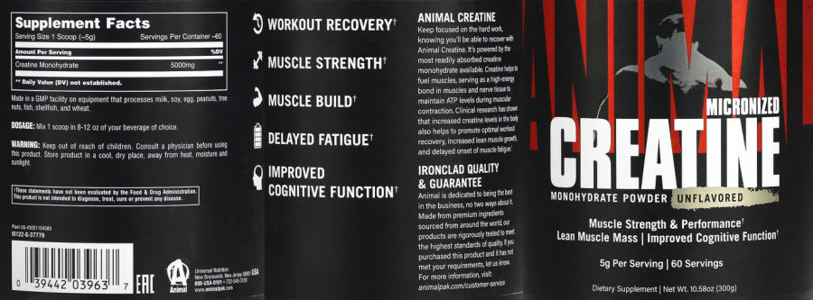 Official label of Animal Animal Micronized Creatine Unflavored (NIH DSLD #322606)
