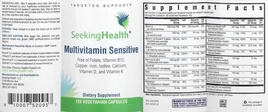Official label of Seeking Health Multivitamin Sensitive (NIH DSLD #322668)
