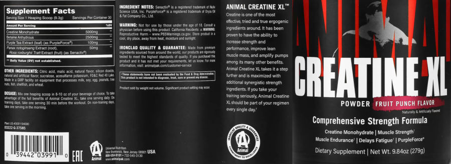 Official label of Animal Animal Creatine XL Fruit Punch Flavor (NIH DSLD #322867)