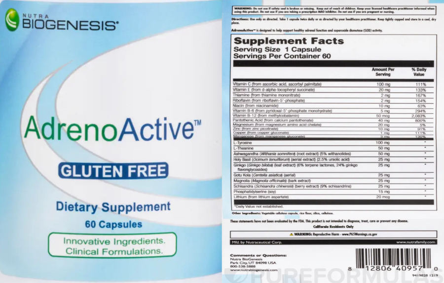 Official label of Nutra BioGenesis AdrenoActive (NIH DSLD #322974)