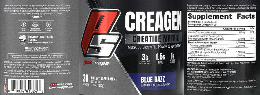 Official label of PS ProSupps Creagen Creatine Matrix Blue Razz (NIH DSLD #323177)