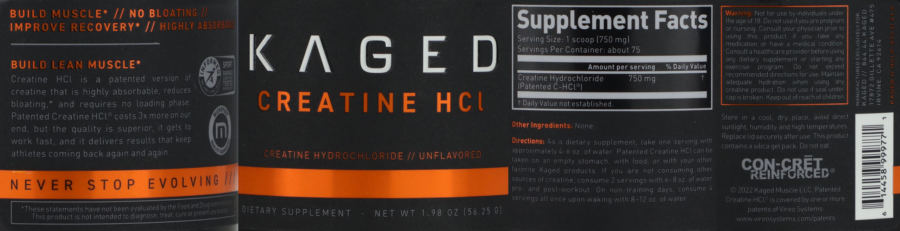 Official label of Kaged Muscle Creatine HCl Unflavored (NIH DSLD #323461)