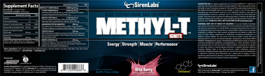 Official label of SirenLabs Methyl-T Ignite Wild Berry (NIH DSLD #32365)