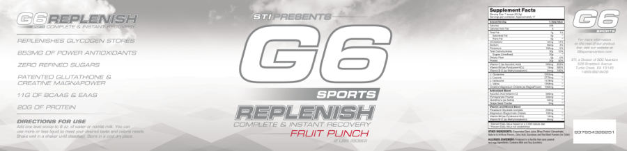 Official label of STI Presents G6 Sports Replenish Fruit Punch (NIH DSLD #323692)