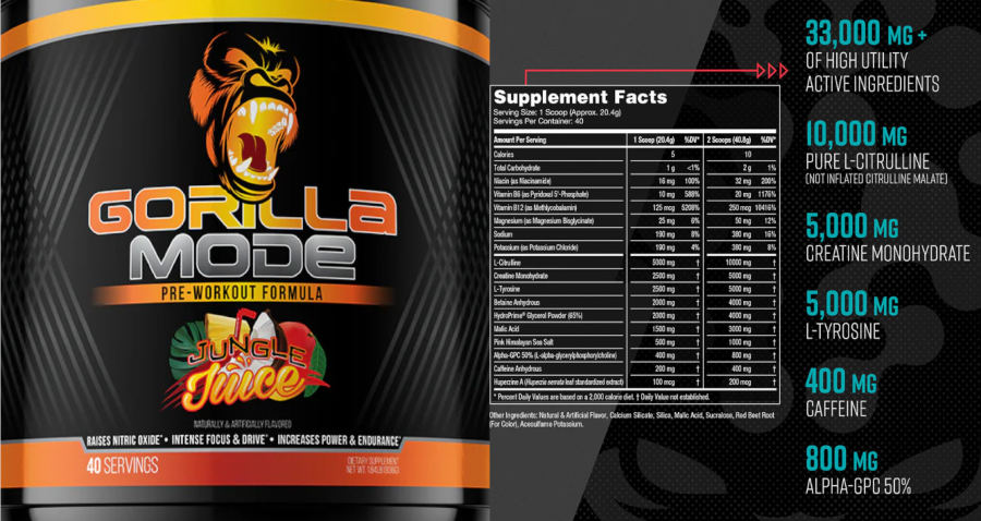 Official label of Gorilla Mind Gorilla Mode Pre-Workout Formula Jungle Juice (NIH DSLD #323714)