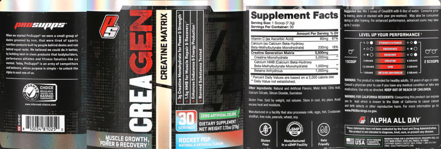 Official label of PS ProSupps Creagen Creatine Matrix Rocket Pop (NIH DSLD #323723)