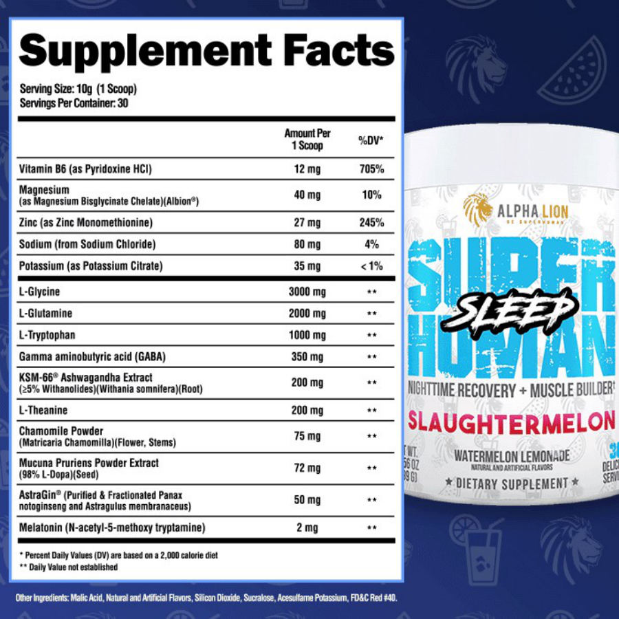 Official label of Alpha Lion Superhuman Sleep Slaughtermelon Watermelon Lemonade (NIH DSLD #325584)