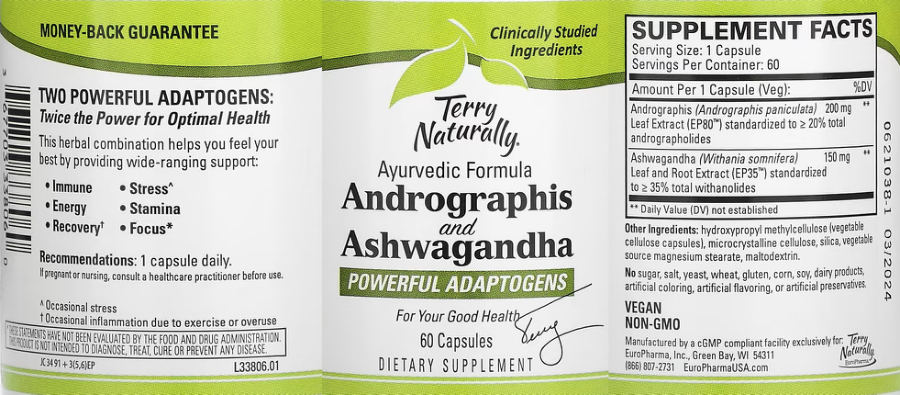 Official label of Terry Naturally Andrographis and Ashwagandha (NIH DSLD #325715)