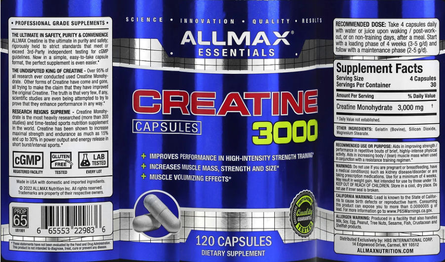 Official label of ALLMAX ESSENTIALS Creatine 3000 (NIH DSLD #325794)