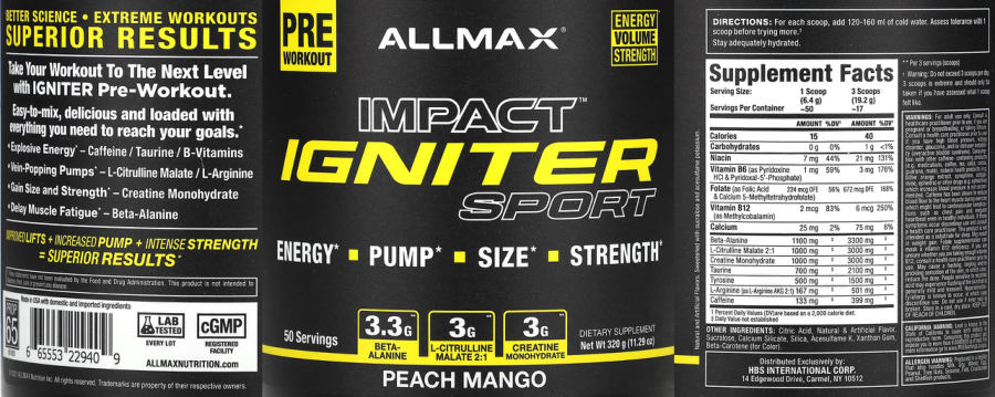Official label of ALLMAX Impact Igniter Sport Peach Mango (NIH DSLD #325807)