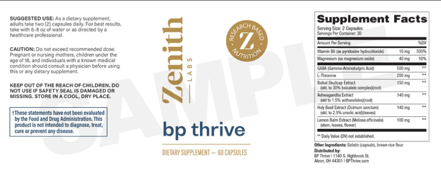 Official label of Zenith Labs BP Thrive (NIH DSLD #326180)