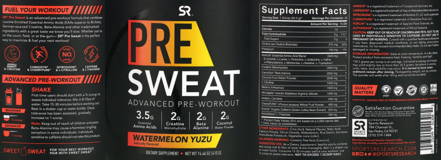 Official label of SR Sports Research Pre Sweat Watermelon Yuzu (NIH DSLD #326283)