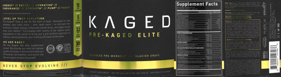 Official label of Kaged Pre-Kaged Elite Glacier Grape (NIH DSLD #326345)