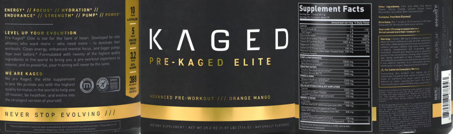 Official label of Kaged Pre-Kaged Elite Orange Mango (NIH DSLD #326347)
