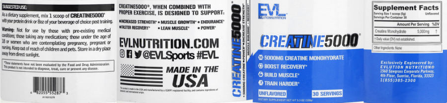 Official label of Evlution Nutrition Creatine5000 Unflavored (NIH DSLD #326383)