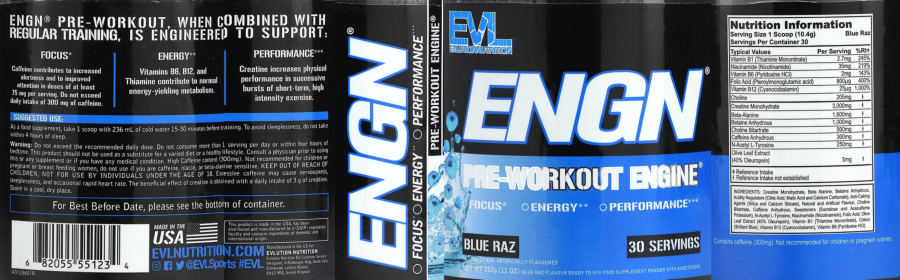 Official label of Evlution Nutrition ENGN Pre-Workout Blue Raz (NIH DSLD #326386)