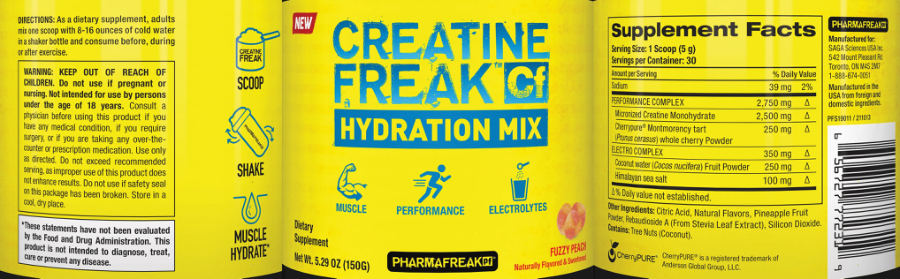 Official label of PharmaFreak Pf Creatine Freak CF Hydration Mix Fuzzy Peach (NIH DSLD #326503)