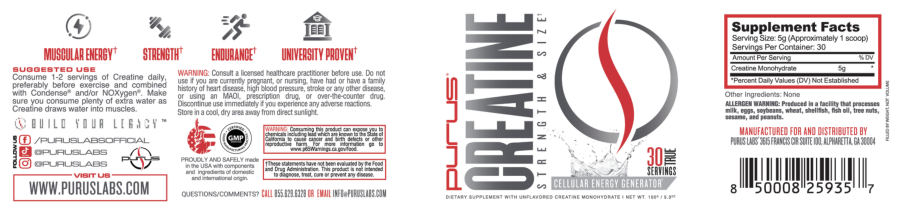 Official label of Purus Creatine (NIH DSLD #326996)