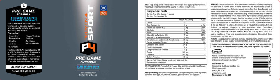 Official label of Proven4 Sport P4 Pre-Game Formula Blue Raspberry (NIH DSLD #327011)
