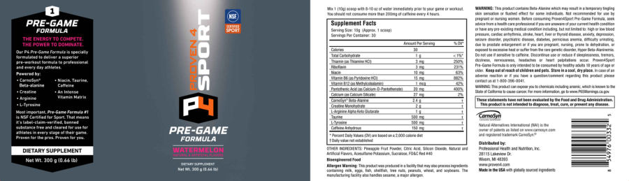 Official label of Proven4 Sport P4 Pre-Game Formula Watermelon (NIH DSLD #327013)
