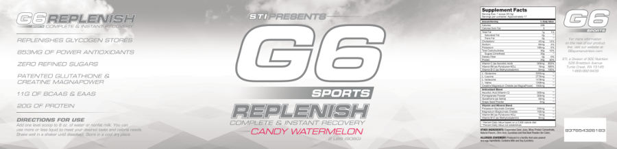 Official label of STI Presents G6 Sports Replenish Candy Watermelon (NIH DSLD #327606)