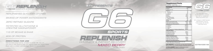 Official label of STI Presents G6 Sports Replenish Mixed Berry (NIH DSLD #327607)