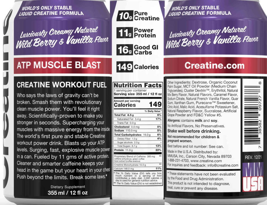 Official label of MMUSA ATP Muscle Blast Wild Berry & Vanilla Flavor (NIH DSLD #327781)